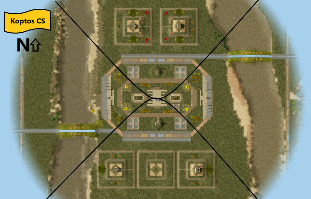 Overhead view of Koptos CS divided into cardinal direction quadrants.