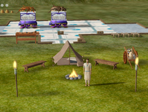 This is a before photo of the campsite, immediately following upgrade with braziers. Brazier upgrade adds two standing torches to your campsite, roughly in line with the ends of the benches, across the campfire from the tent.